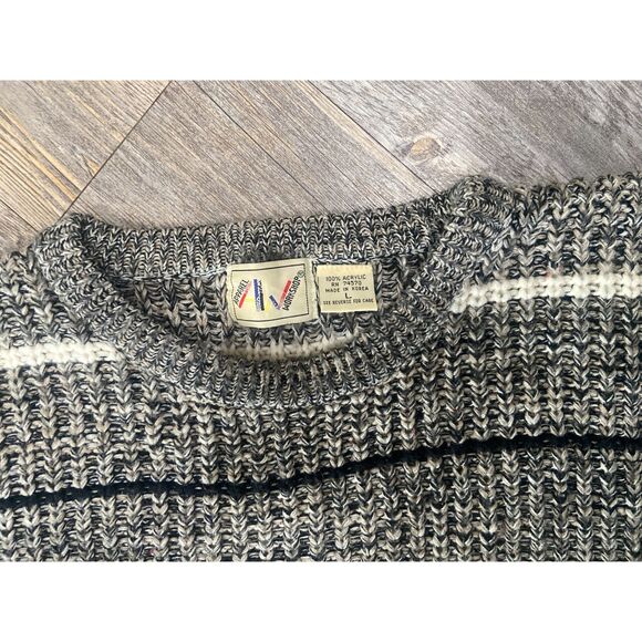 Apparel Workshop Mens Large Chunky Knit Crew Neck Sweater Grey Black White VTG - Picture 5 of 5